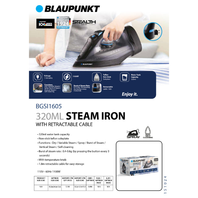 Blaupunkt Steam Iron w/Retractable Cord BGSI1605 Blaupunkt Steam Iron w/Retractable Cord BGSI1605